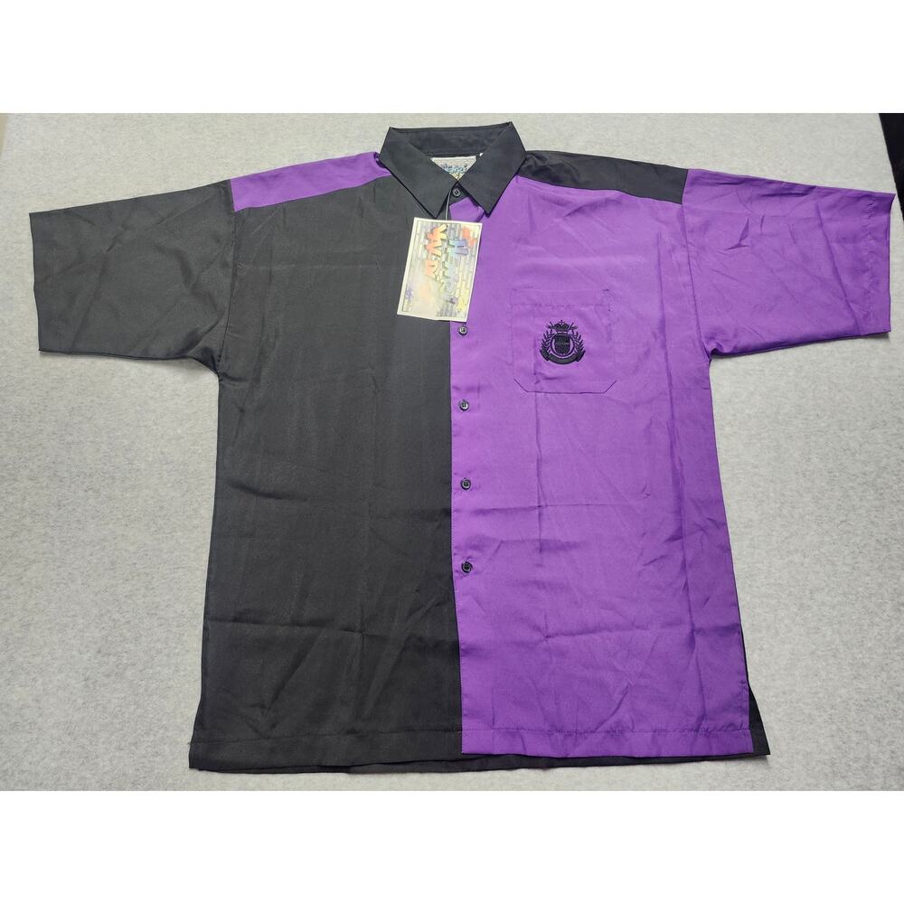 Mens Vtg Henri Vence Button Up Shirt XL Black Purple Colorblock Bowlin Style NWT